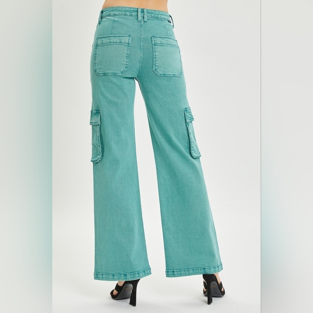 Stylish Teal Wide Leg Cargo Jeans - Picture 7 of 7
